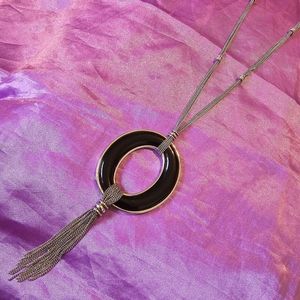 Monet Black Enameled Oval Pendant Necklace